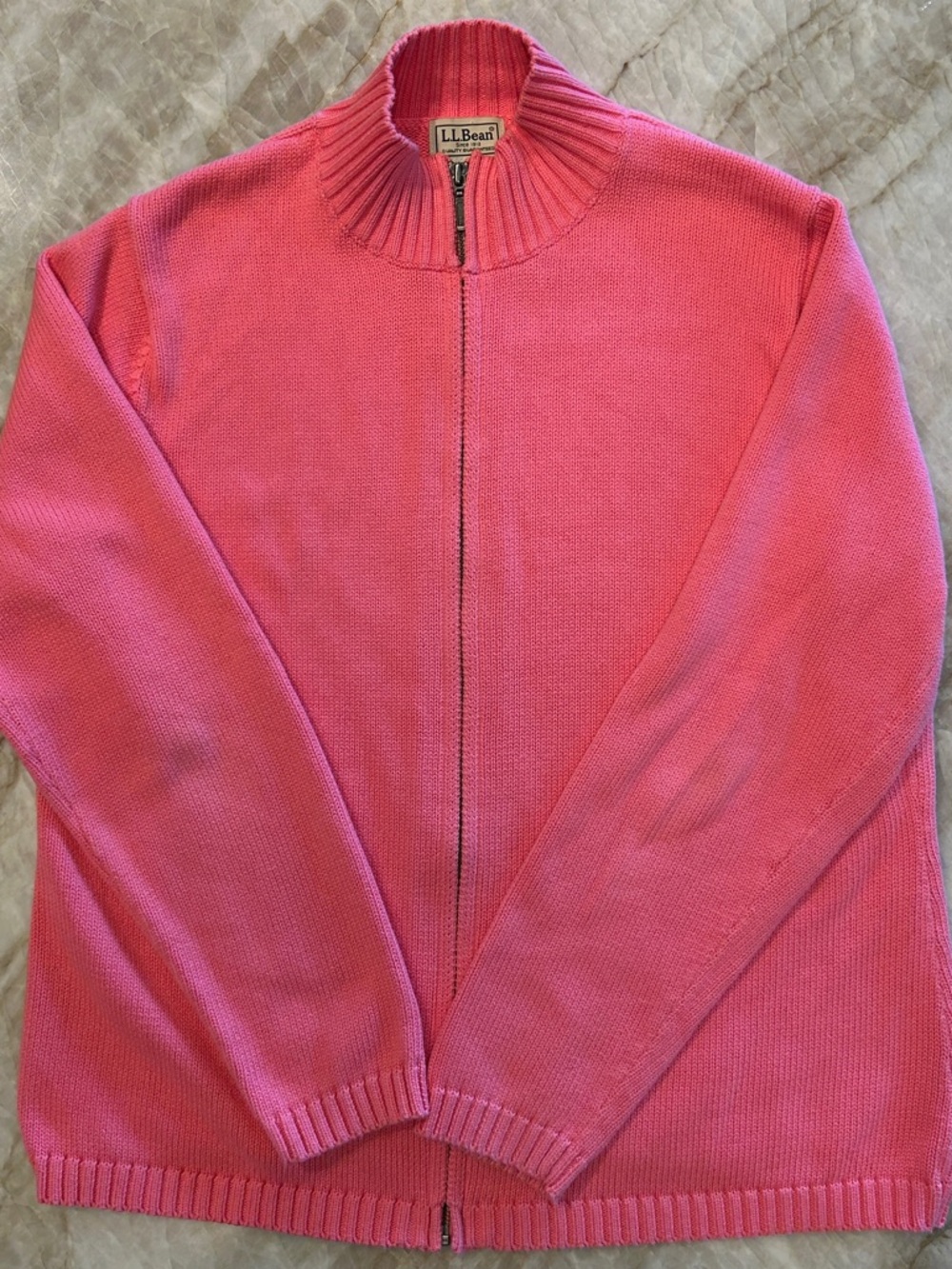 LL Bean Pink Cotton Zip Cardigan Ribbed Collar L Lightweight